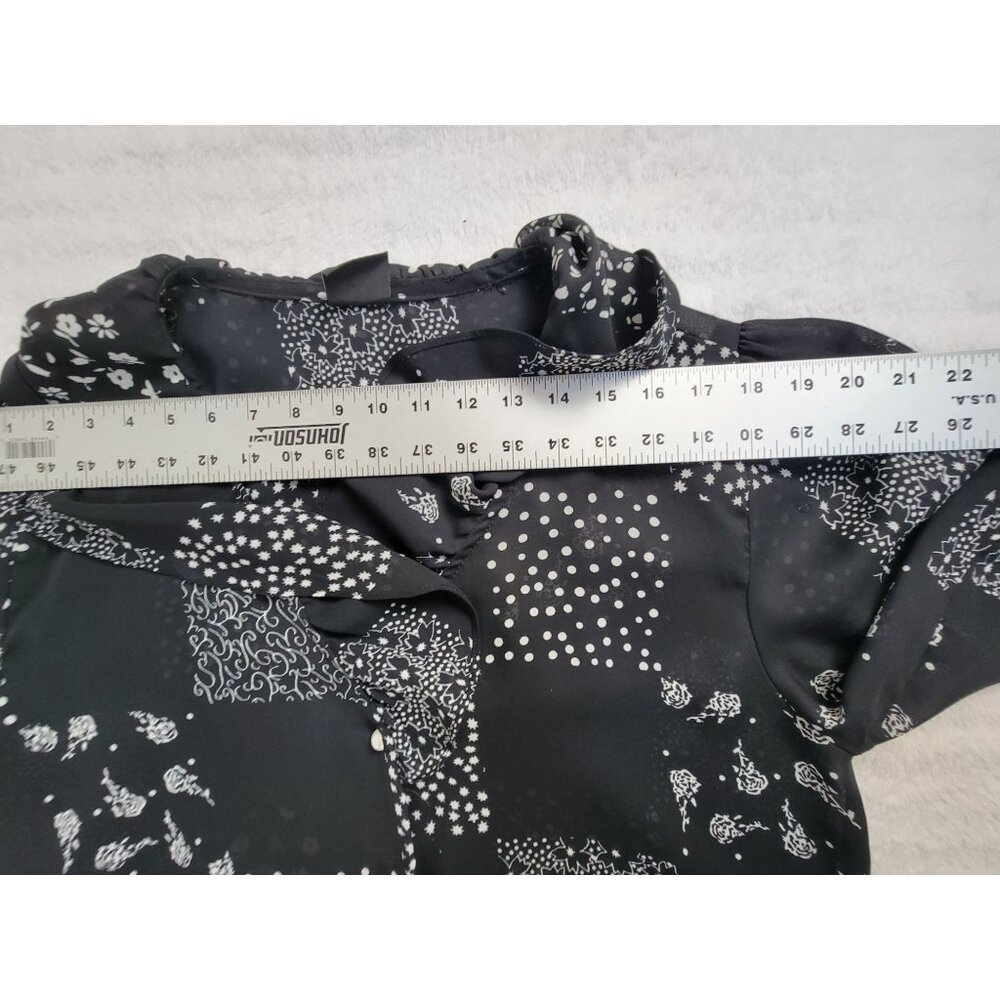 Vintage Judy Knapp Patchwork Print Sheer Button-Up Blouse Ruffle Collar Black - Picture 4 of 6